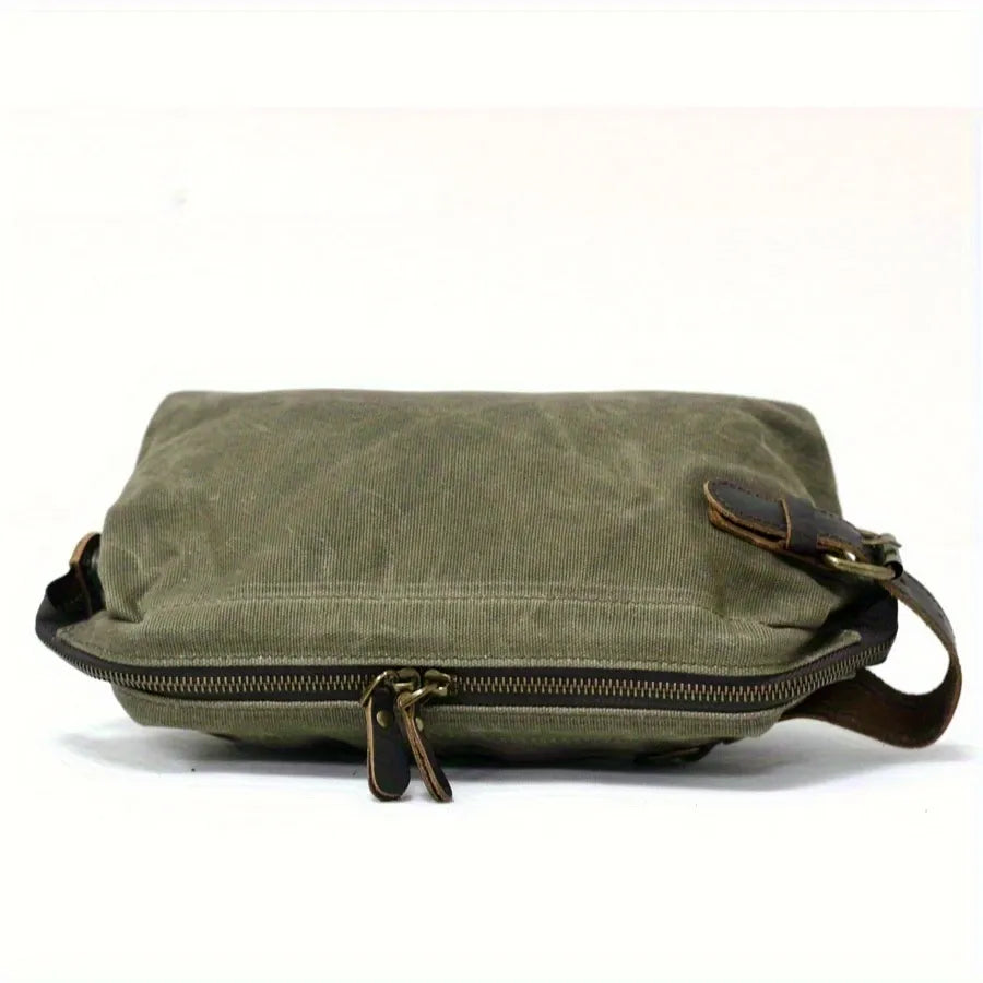 Vintage Waxed Canvas & Cowhide Cylinder Bag, Dopp Kit with Dual Zippers, Commute Travel Crossbody.(black)