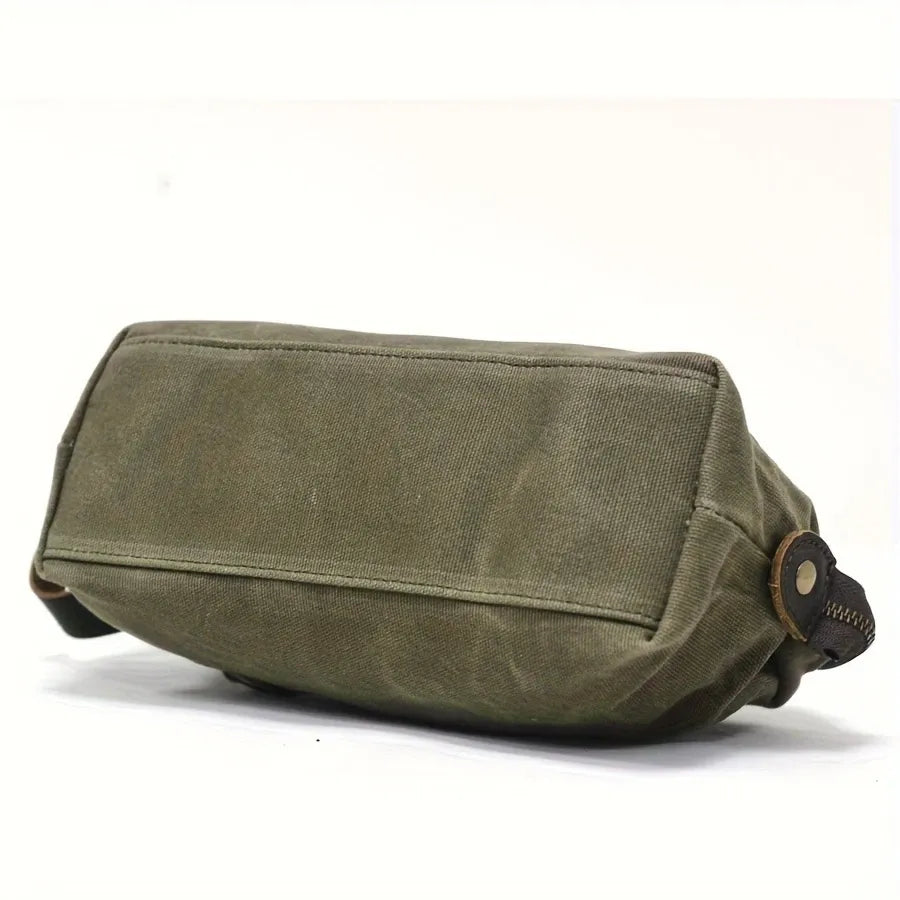 Vintage Waxed Canvas & Cowhide Cylinder Bag, Dopp Kit with Dual Zippers, Commute Travel Crossbody.(black)