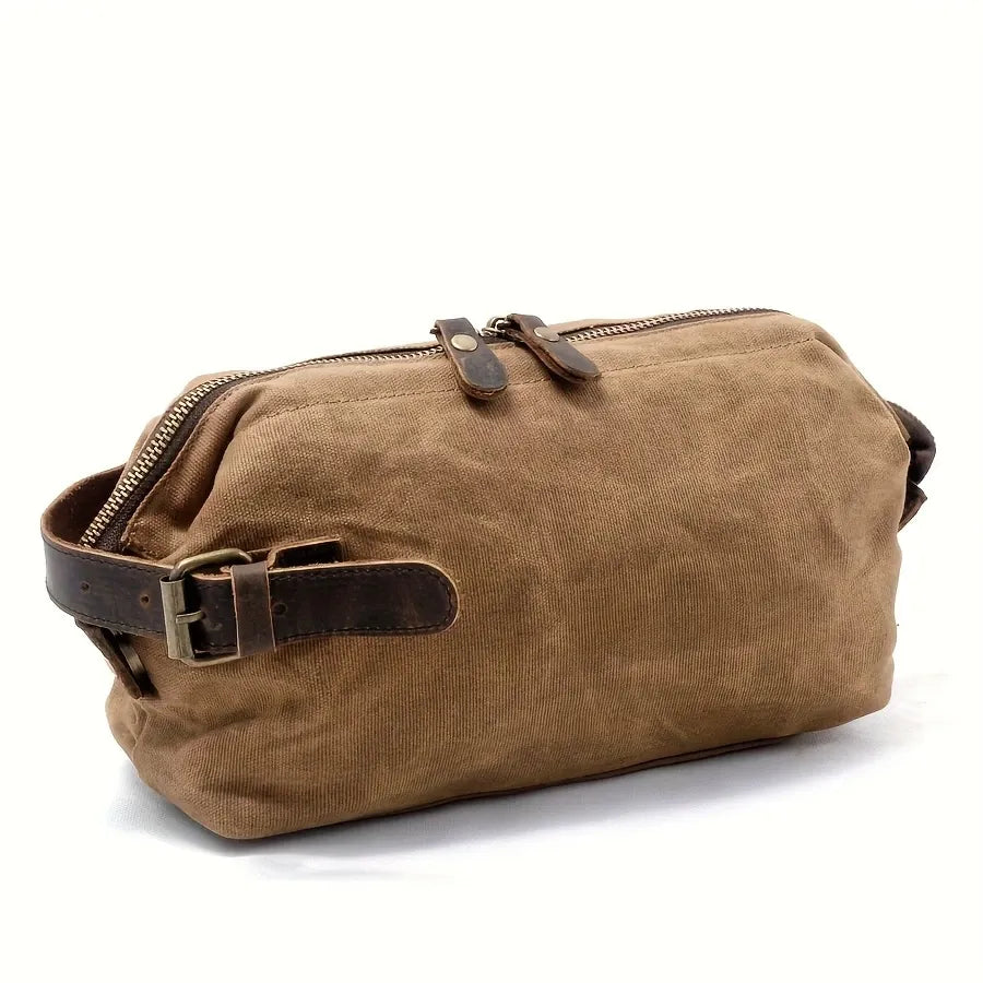 Vintage Waxed Canvas & Cowhide Cylinder Bag, Dopp Kit with Dual Zippers, Commute Travel Crossbody.(black)