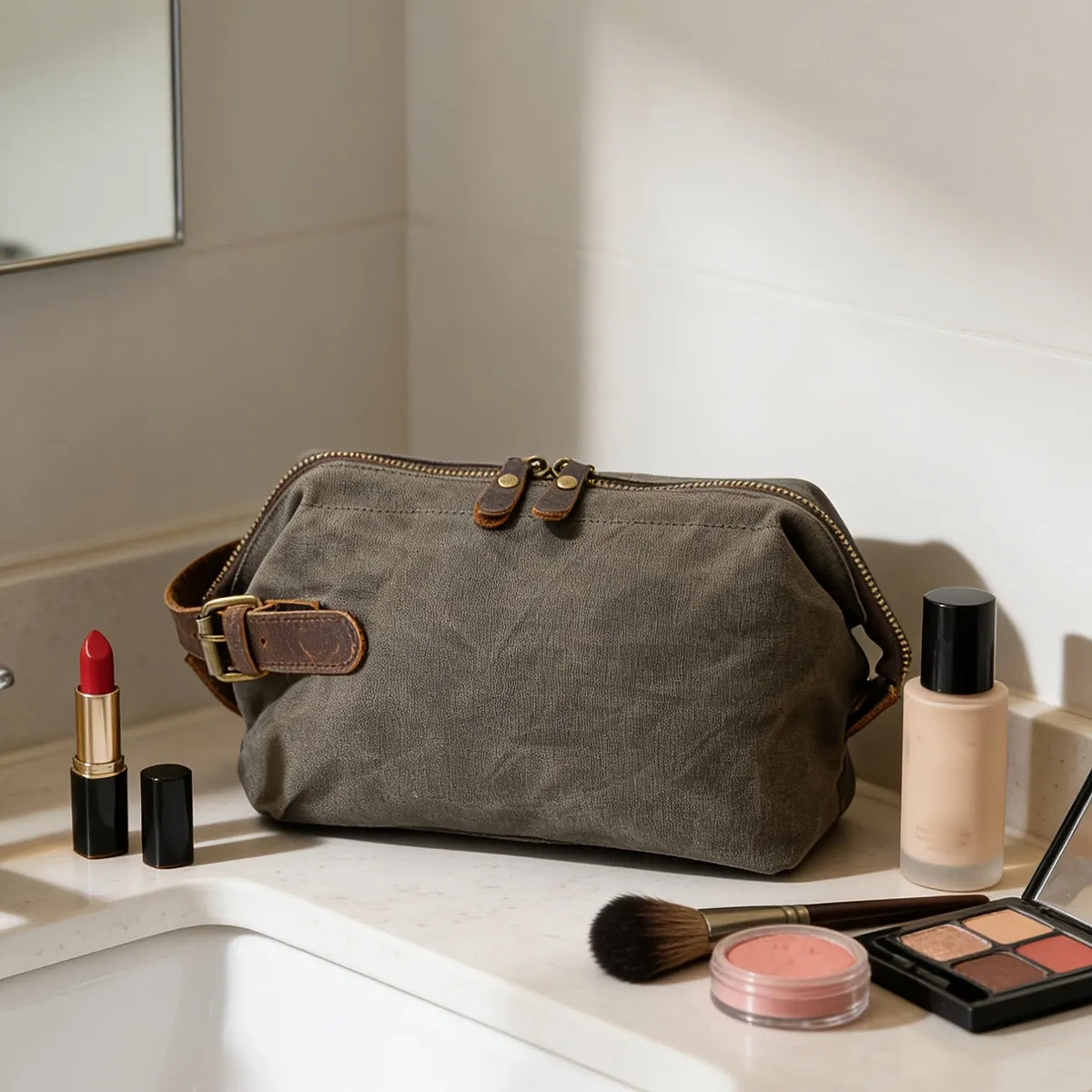 Vintage Waxed Canvas & Cowhide Cylinder Bag, Dopp Kit with Dual Zippers, Commute Travel Crossbody.(black)