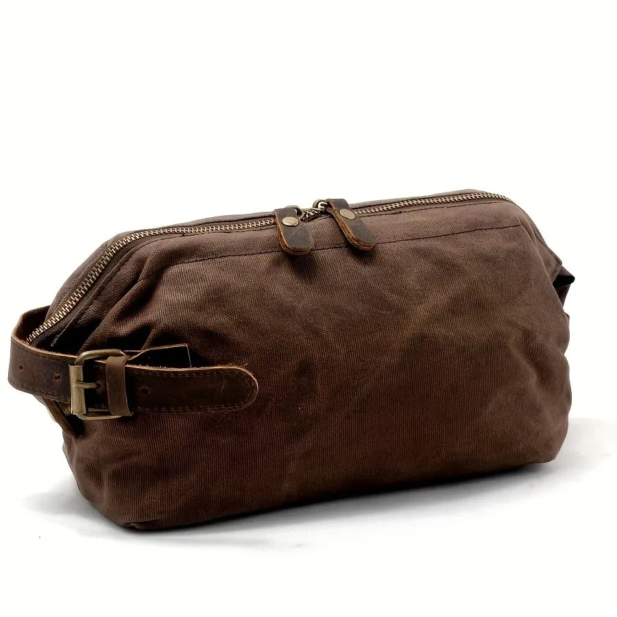 Vintage Waxed Canvas & Cowhide Cylinder Bag, Dopp Kit with Dual Zippers, Commute Travel Crossbody.(black)