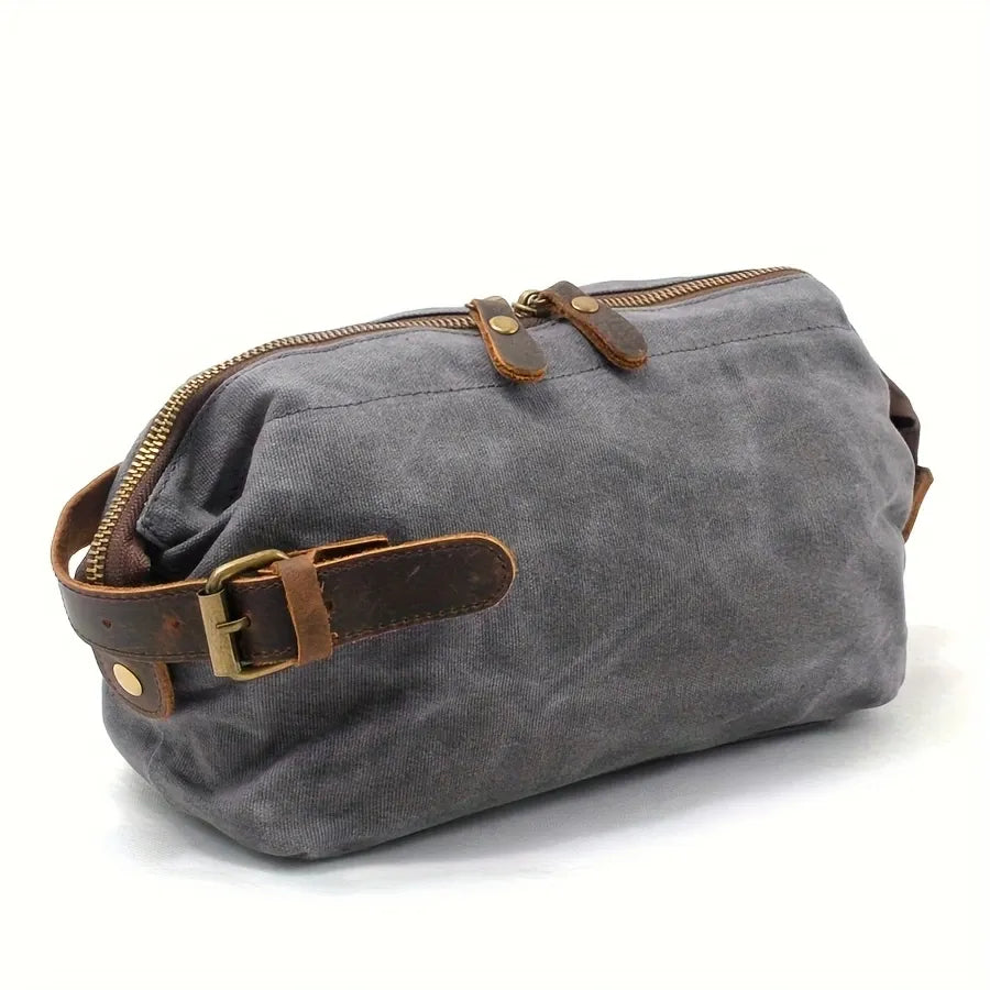 Vintage Waxed Canvas & Cowhide Cylinder Bag, Dopp Kit with Dual Zippers, Commute Travel Crossbody(Dark grey)