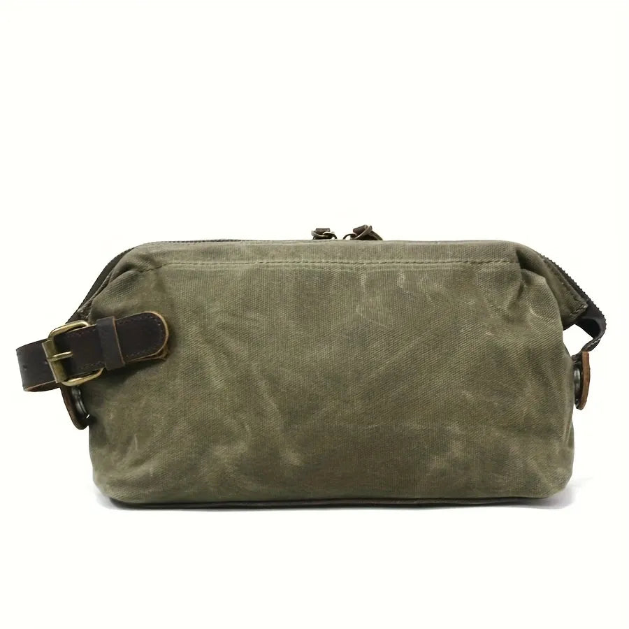 Vintage Waxed Canvas & Cowhide Cylinder Bag, Dopp Kit with Dual Zippers, Commute Travel Crossbody(Dark grey)