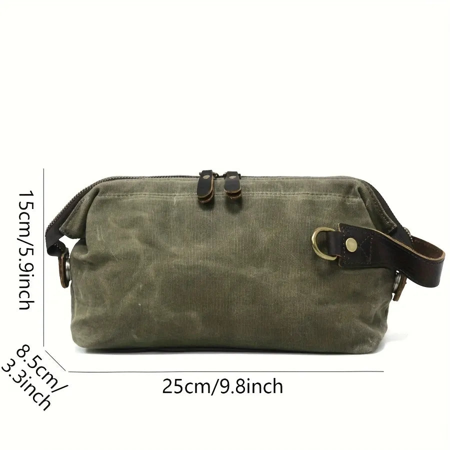 Vintage Waxed Canvas & Cowhide Cylinder Bag, Dopp Kit with Dual Zippers, Commute Travel Crossbody(Dark grey)