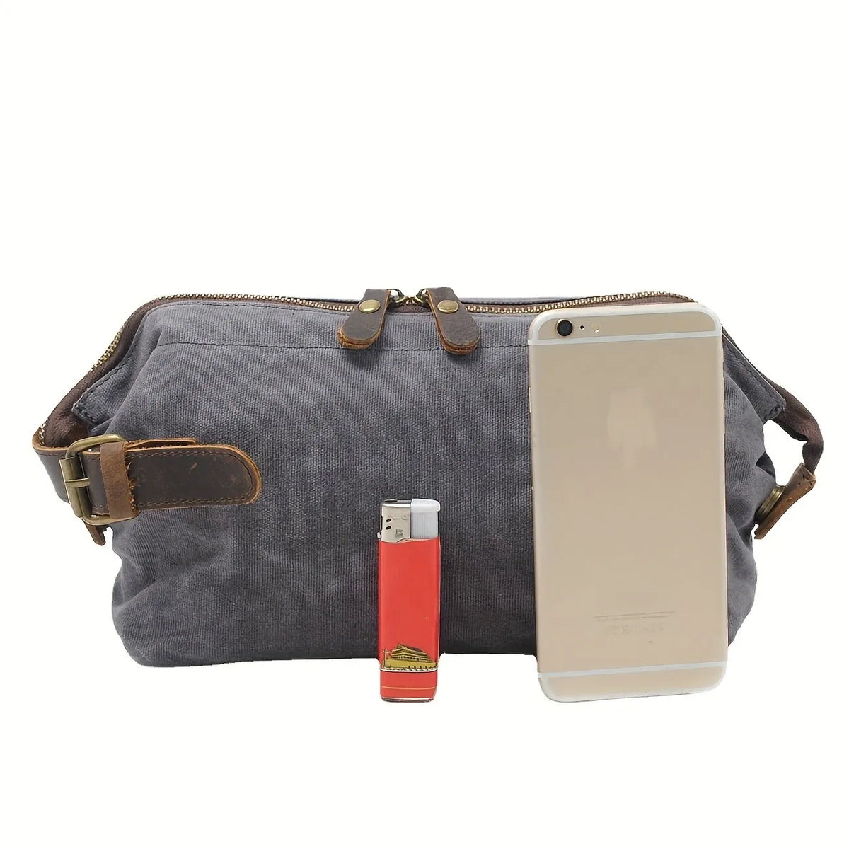 Vintage Waxed Canvas & Cowhide Cylinder Bag, Dopp Kit with Dual Zippers, Commute Travel Crossbody(Dark grey)