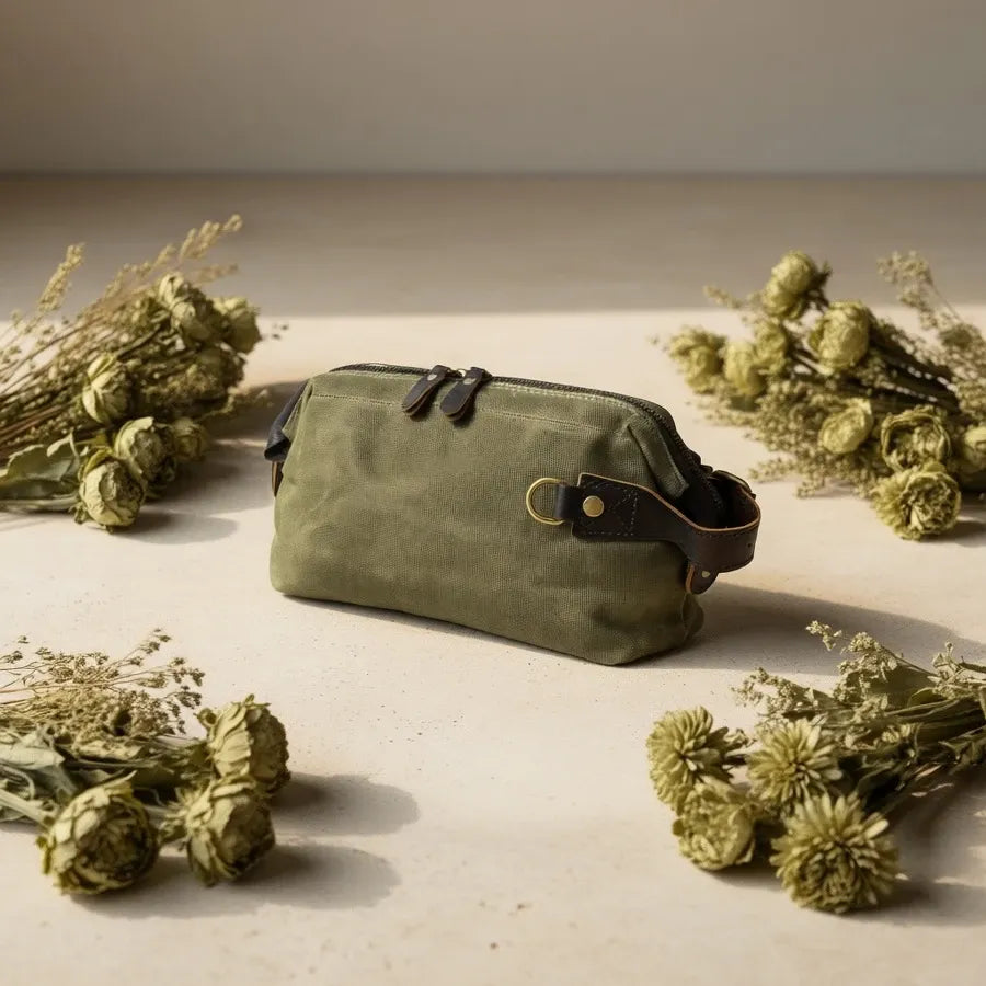 Vintage Waxed Canvas & Cowhide Cylinder Bag, Dopp Kit with Dual Zippers, Commute Travel Crossbody(Dark grey)