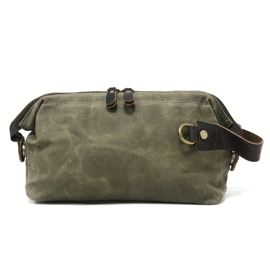 Vintage Waxed Canvas & Cowhide Cylinder Bag, Dopp Kit with Dual Zippers, Commute Travel Crossbody(Dark grey)