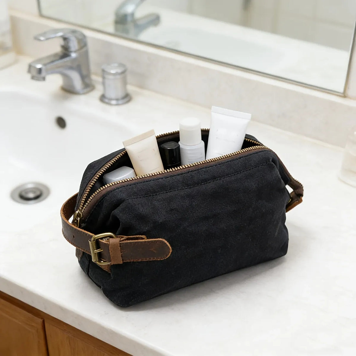 Vintage Waxed Canvas & Cowhide Cylinder Bag, Dopp Kit with Dual Zippers, Commute Travel Crossbody(Dark grey)