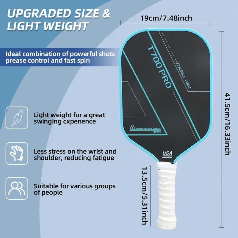 1PCS T700 PRO Carbon Fiber Pickleball Paddle: 8.0oz Lightweight Wide Body Control Paddle for Beginners & Seniors(BLUE)