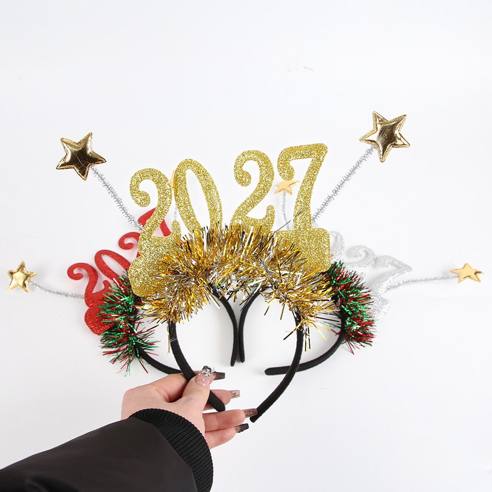 4PCS 2027 New Year Glitter Headbands: Glitter Numbers with Star Antennas, Available in Red, Green, Gold, and Silver, Lightweight and Eye-Catching Party Essentials.