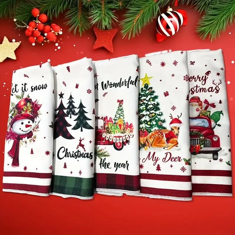 5PCS Microfiber Christmas Towels – Adorable Patterns, Soft & Absorbent, Brighten Up Your Cozy Holiday Moments