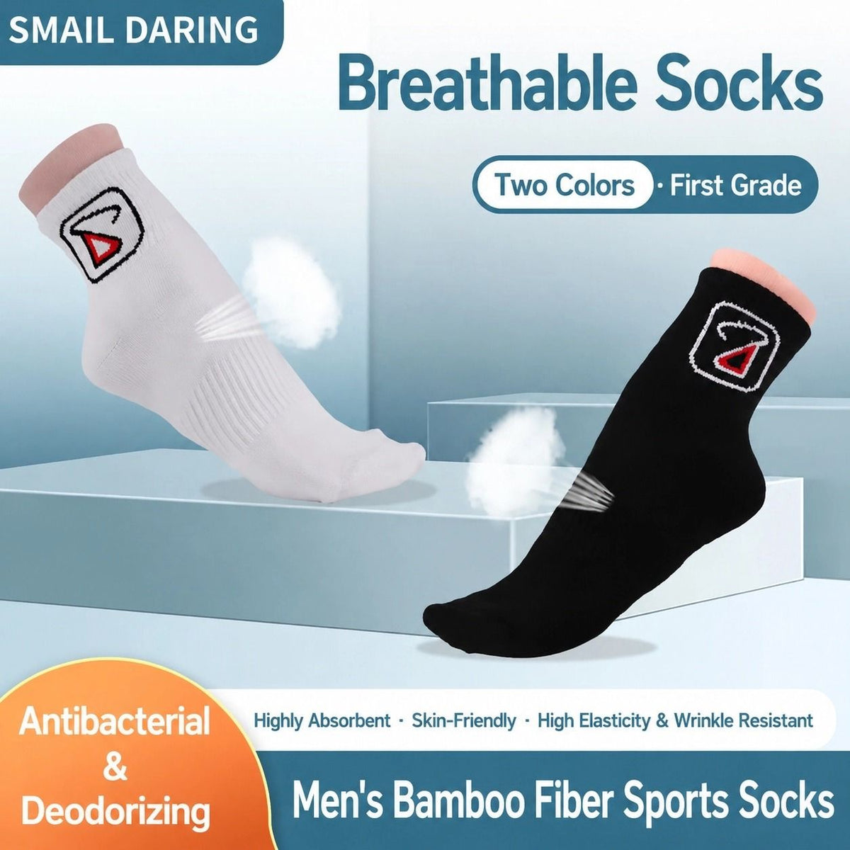 Breathable & moisture-wicking, antibacterial & odor-resistant — SMAIL DARING Bamboo Fiber Sports Socks 2-Pack (1 Pair White + 1 Pair Black) Size 35#-39#