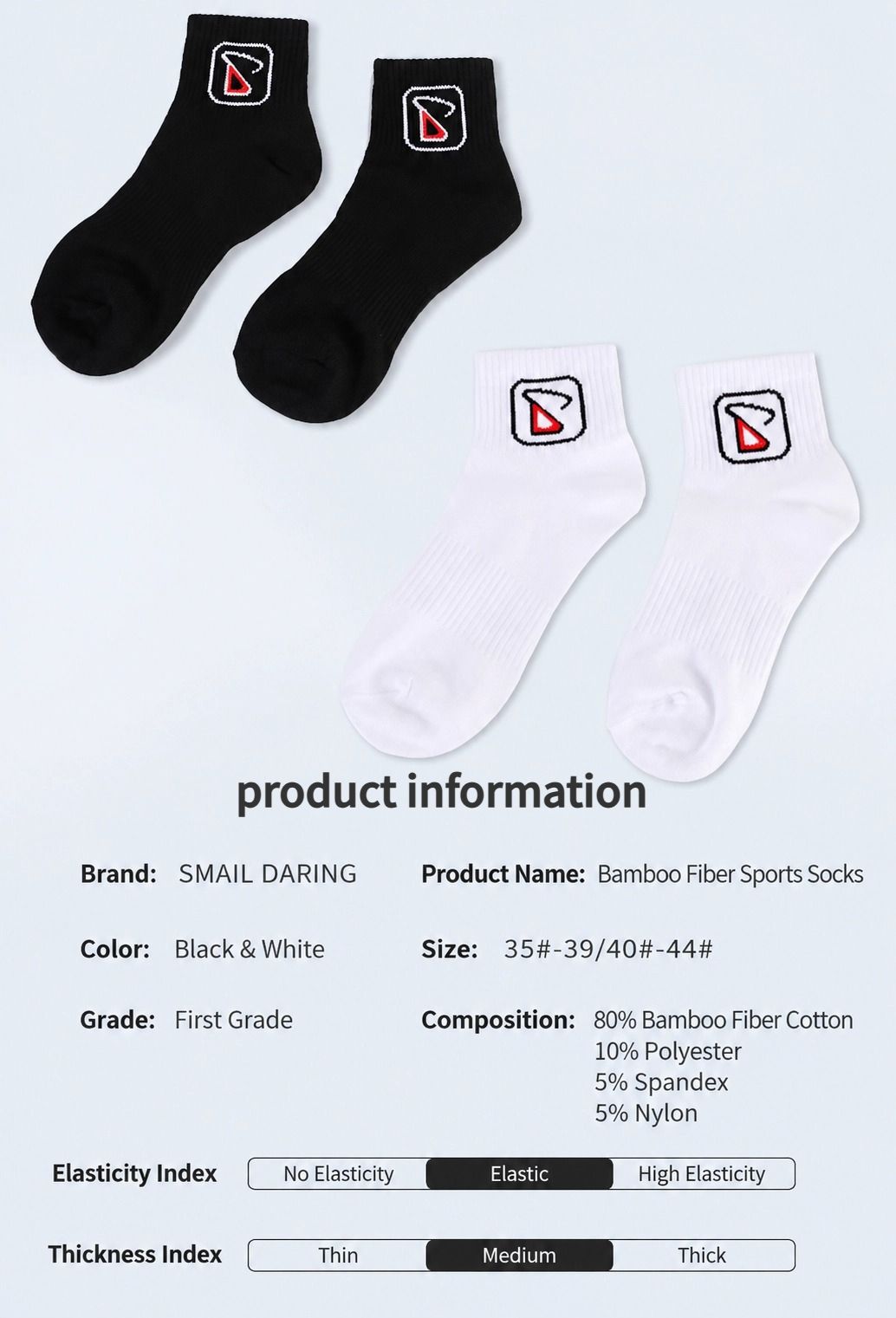 Breathable & moisture-wicking, antibacterial & odor-resistant — SMAIL DARING Bamboo Fiber Sports Socks 2-Pack (1 Pair White + 1 Pair Black) Size 40#-44#