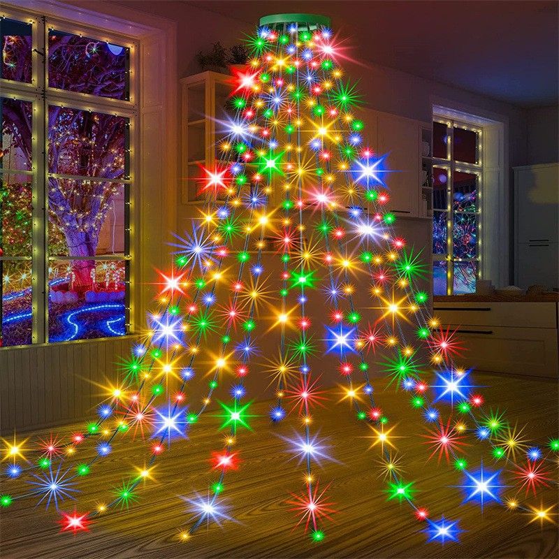 USB Remote Control Christmas Tree Waterfall String Light | Ring Hanging Tool-Free Installation, High-Density LED Starburst Effect, IP44 Waterproof, Fits 4–12ft Trees (Colour1.5m / 200 Lights)
