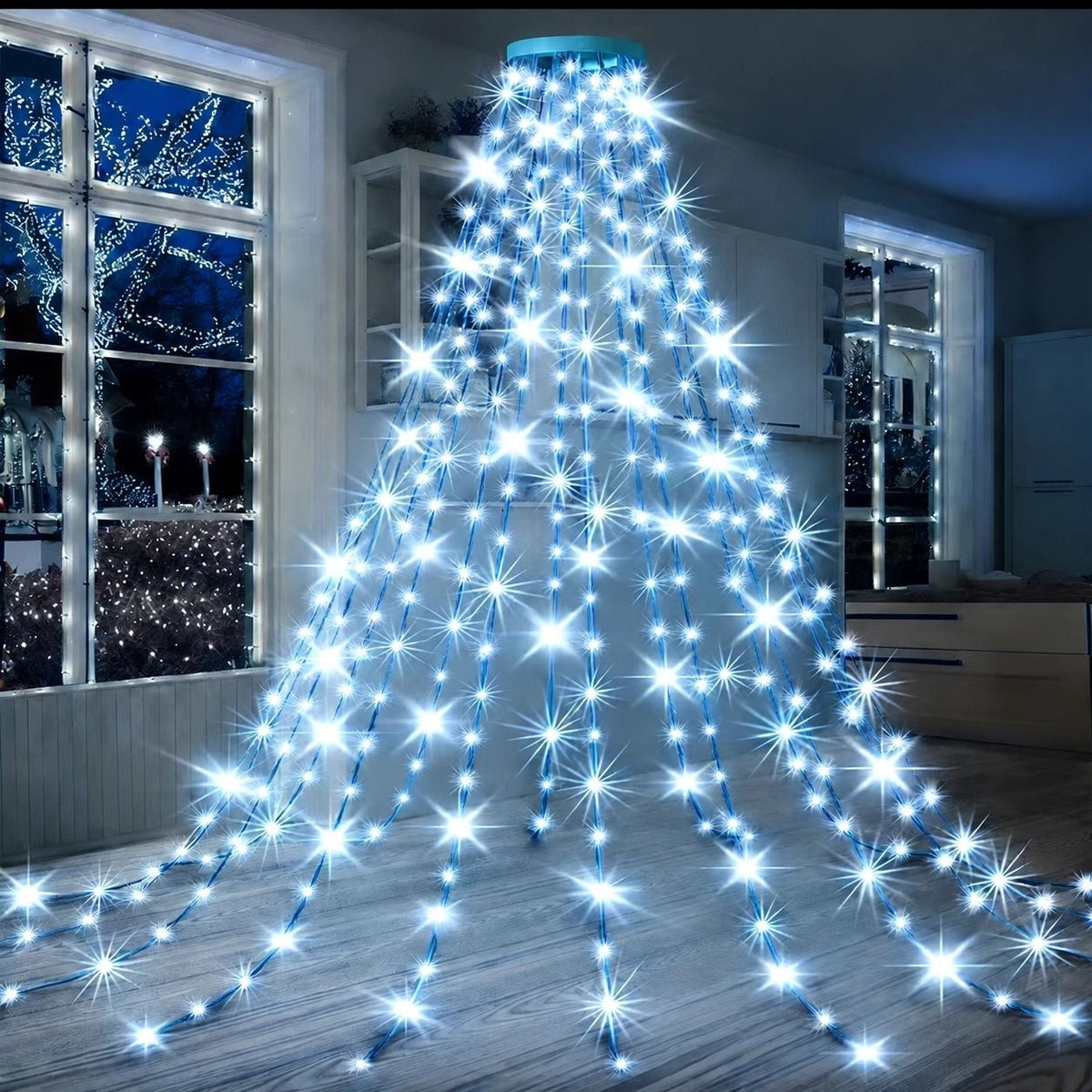 USB Remote Control Christmas Tree Waterfall String Light | Ring Hanging Tool-Free Installation, High-Density LED Starburst Effect, IP44 Waterproof, Fits 4–12ft Trees (Lengbai 1.5m / 200 Lights)