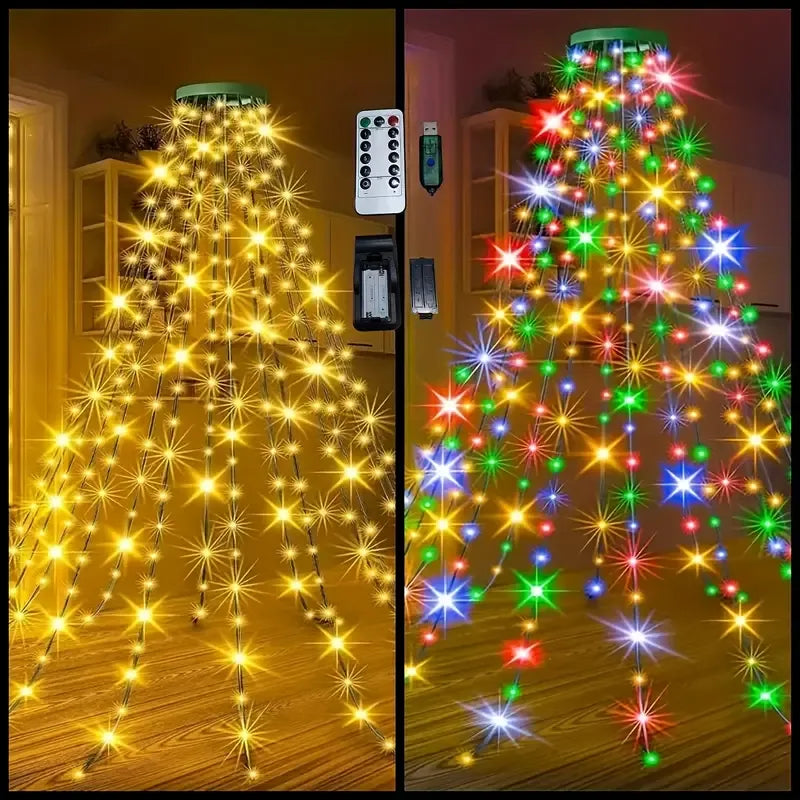 USB Remote Control Christmas Tree Waterfall String Light | Ring Hanging Tool-Free Installation, High-Density LED Starburst Effect, IP44 Waterproof, Fits 4–12ft Trees (Lengbai 1.5m / 200 Lights)