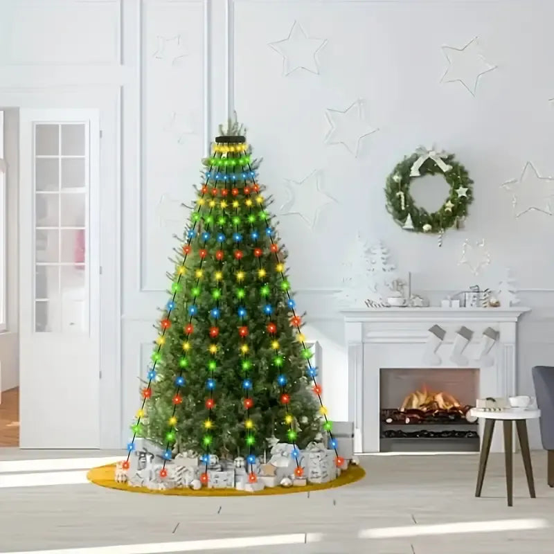 USB Remote Control Christmas Tree Waterfall String Light | Ring Hanging Tool-Free Installation, High-Density LED Starburst Effect, IP44 Waterproof, Fits 4–12ft Trees (Lengbai 1.5m / 200 Lights)