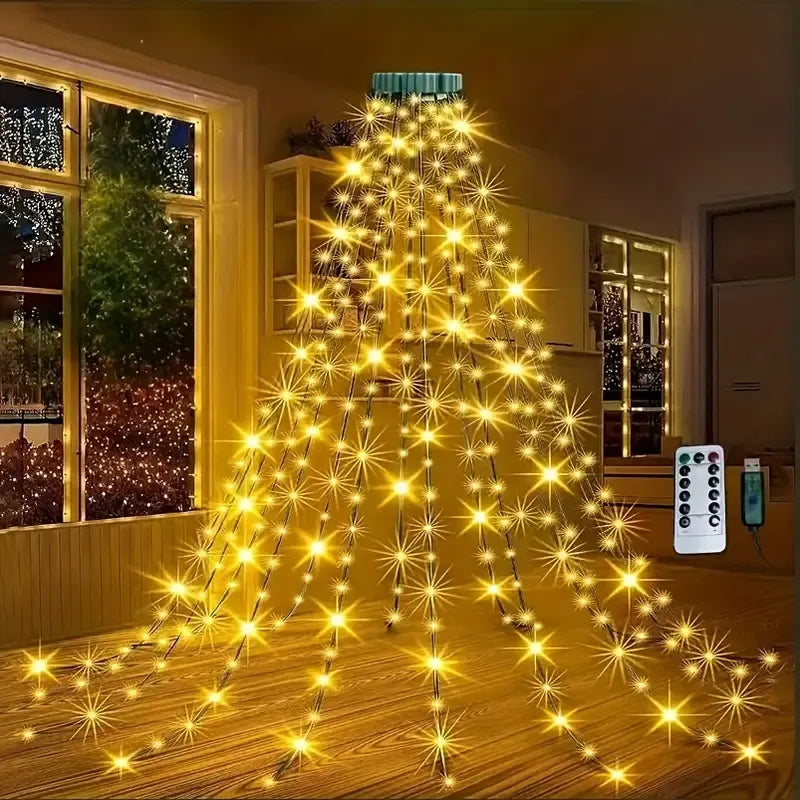 USB Remote Control Christmas Tree Waterfall String Light | Ring Hanging Tool-Free Installation, High-Density LED Starburst Effect, IP44 Waterproof, Fits 4–12ft Trees (Lengbai 1.5m / 200 Lights)