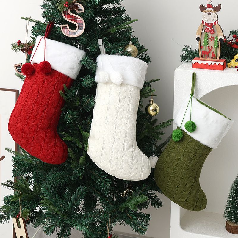 Knitted Double Pom-Pom Christmas Stocking, Cable Knit Texture Plush Cuff, Perfect for Both Decoration and Storage./RED