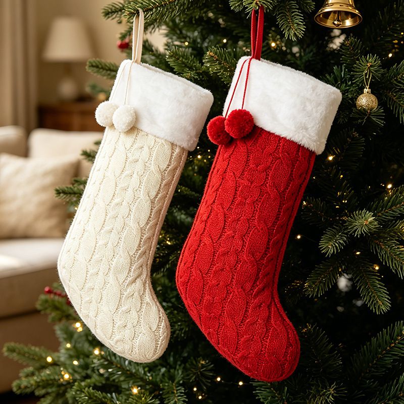 Knitted Double Pom-Pom Christmas Stocking, Cable Knit Texture Plush Cuff, Perfect for Both Decoration and Storage./RED