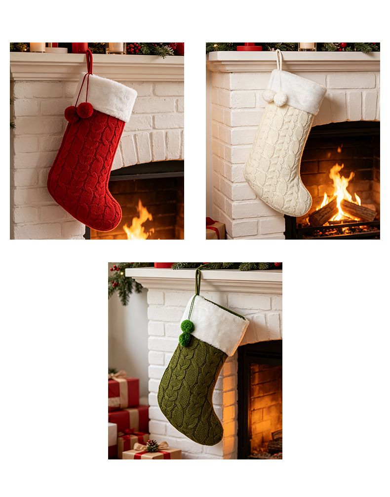 Knitted Double Pom-Pom Christmas Stocking, Cable Knit Texture Plush Cuff, Perfect for Both Decoration and Storage./RED