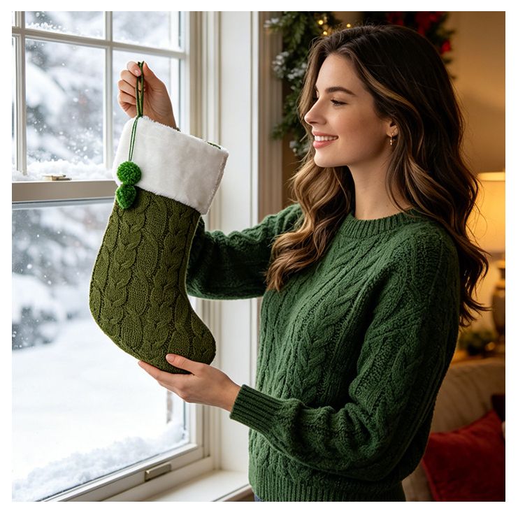 Knitted Double Pom-Pom Christmas Stocking, Cable Knit Texture Plush Cuff, Perfect for Both Decoration and Storage./WHITE
