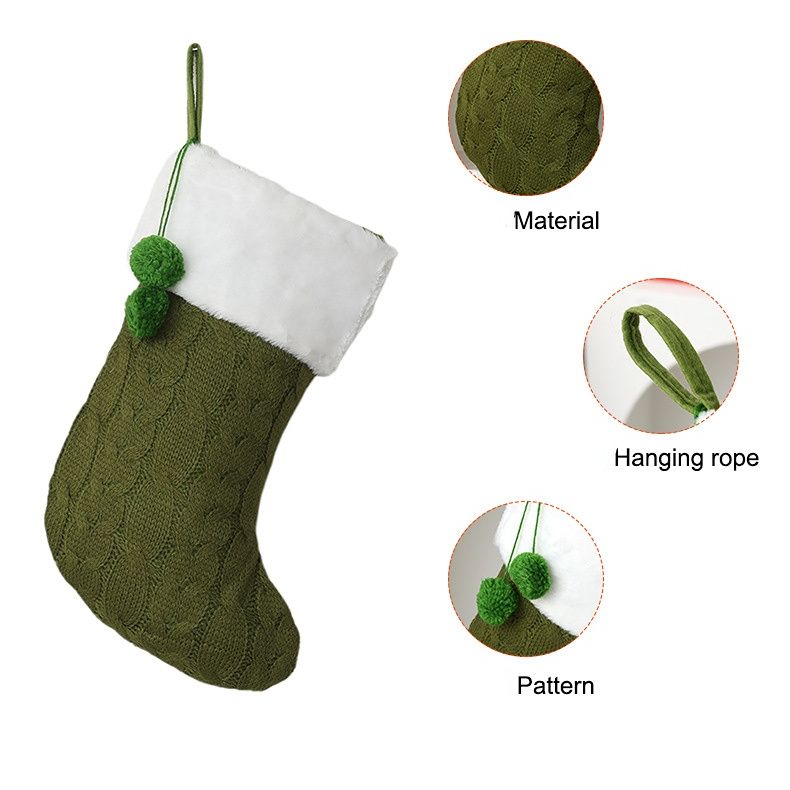 Knitted Double Pom-Pom Christmas Stocking, Cable Knit Texture Plush Cuff, Perfect for Both Decoration and Storage./GREEN