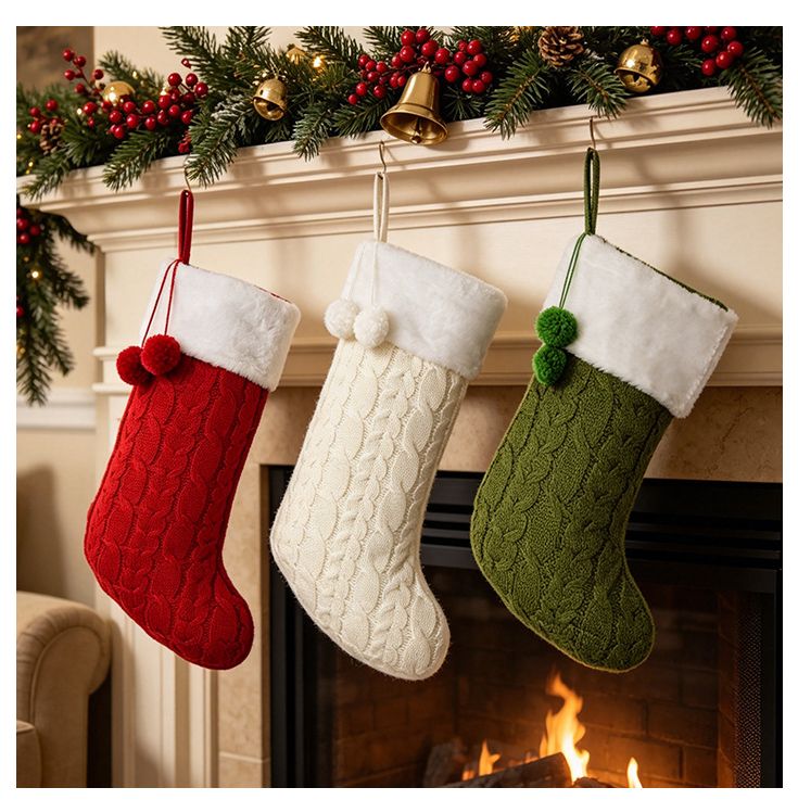 Knitted Double Pom-Pom Christmas Stocking, Cable Knit Texture Plush Cuff, Perfect for Both Decoration and Storage./GREEN