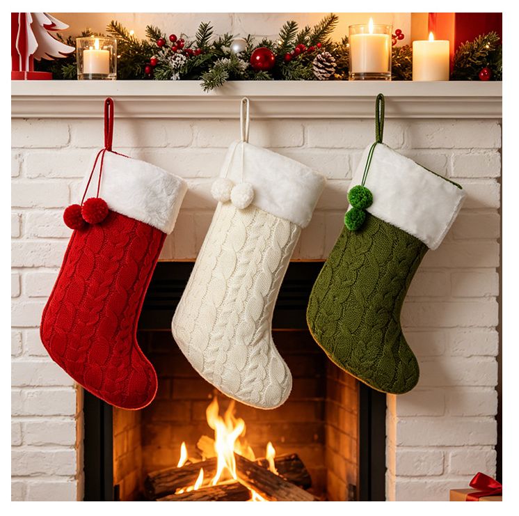 Knitted Double Pom-Pom Christmas Stocking, Cable Knit Texture Plush Cuff, Perfect for Both Decoration and Storage./GREEN
