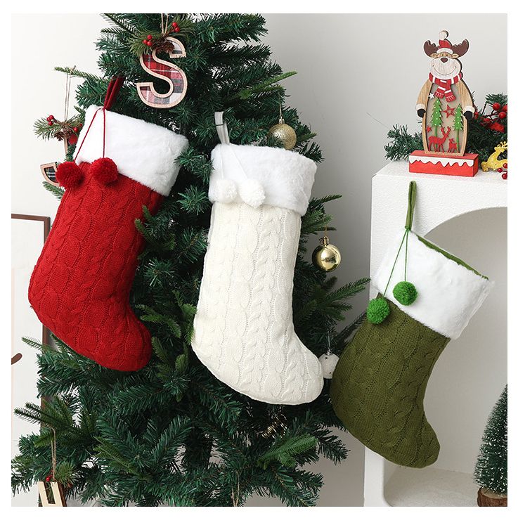 Knitted Double Pom-Pom Christmas Stocking, Cable Knit Texture Plush Cuff, Perfect for Both Decoration and Storage./GREEN