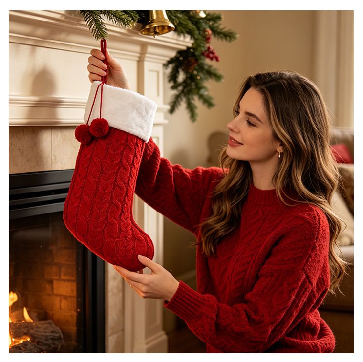 Knitted Double Pom-Pom Christmas Stocking, Cable Knit Texture Plush Cuff, Perfect for Both Decoration and Storage./GREEN