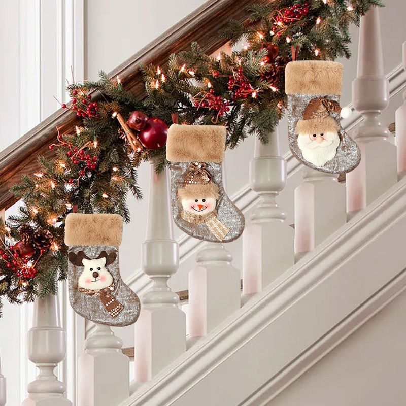 Brown Mini Christmas Stocking Set of 3, Reindeer Snowman Santa Styles, Cute Little Ornament Holiday Essential