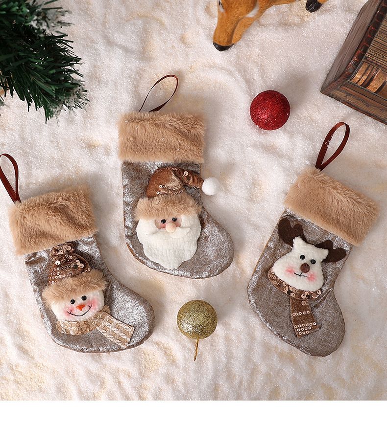 Brown Mini Christmas Stocking Set of 3, Reindeer Snowman Santa Styles, Cute Little Ornament Holiday Essential