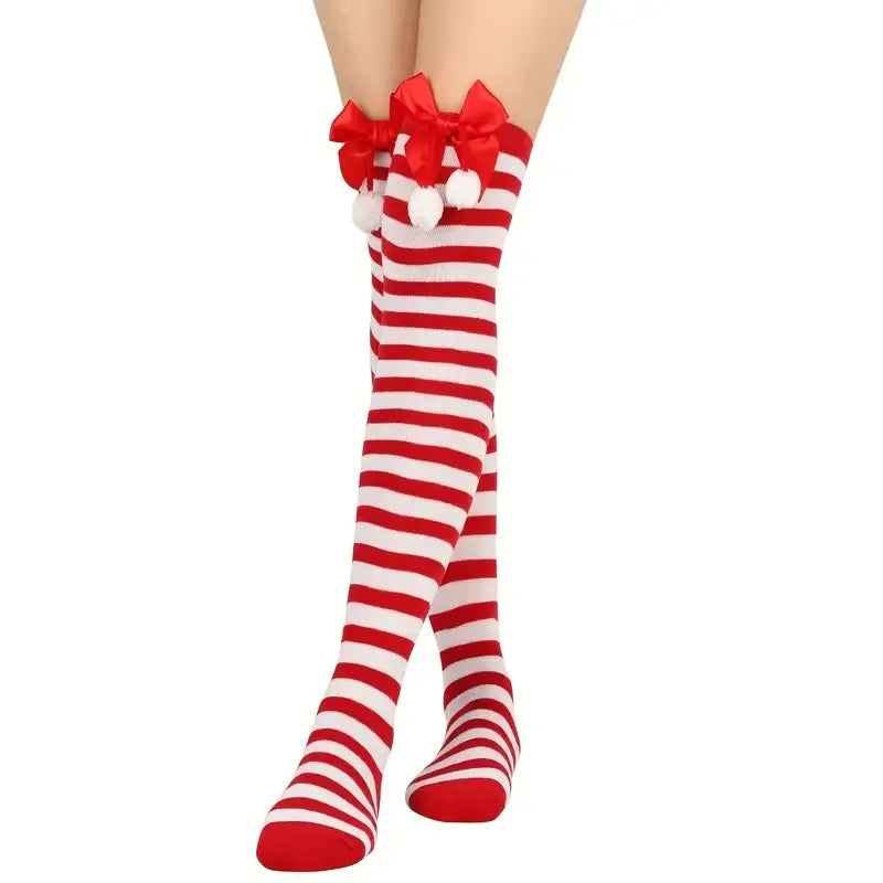 Christmas Over-the-Knee Socks, Handmade Polyester-Cotton Bows, Sweet & Warm Holiday Outfit. 4-Pack A01 Combo Set