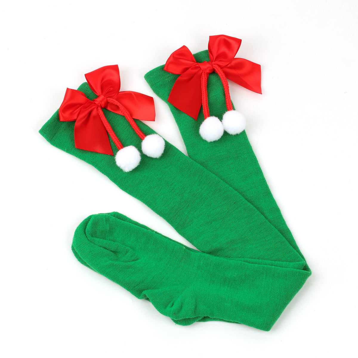 Christmas Over-the-Knee Socks, Handmade Polyester-Cotton Bows, Sweet & Warm Holiday Outfit. 4-Pack A01 Combo Set