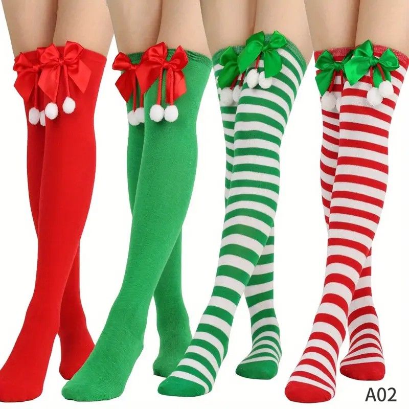 Christmas Over-the-Knee Socks, Handmade Polyester-Cotton Bows, Sweet & Warm Holiday Outfit. 4-Pack A01 Combo Set