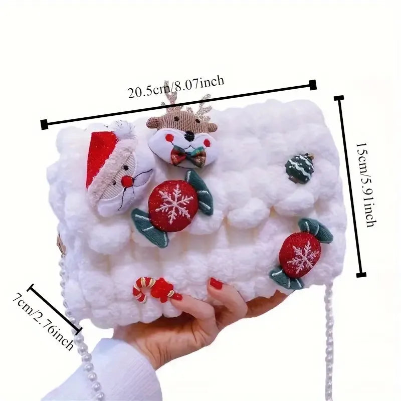 Christmas Plush Cartoon Handbag Crossbody Bag, 3D Appliqués Pearl Chain, Sweet Practical Holiday Essential/ivory
