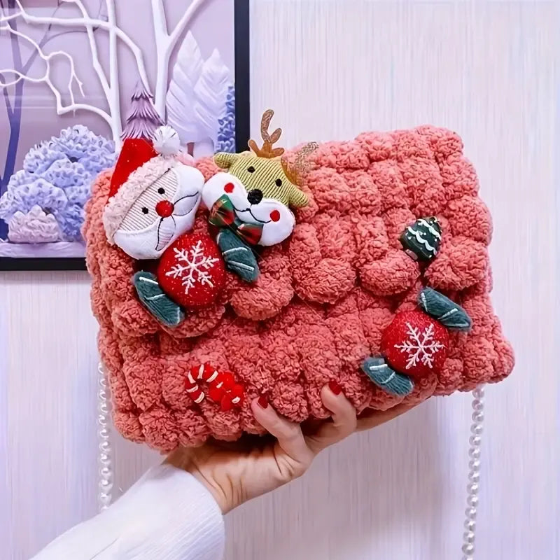 Christmas Plush Cartoon Handbag Crossbody Bag, 3D Appliqués Pearl Chain, Sweet Practical Holiday Essential/ivory