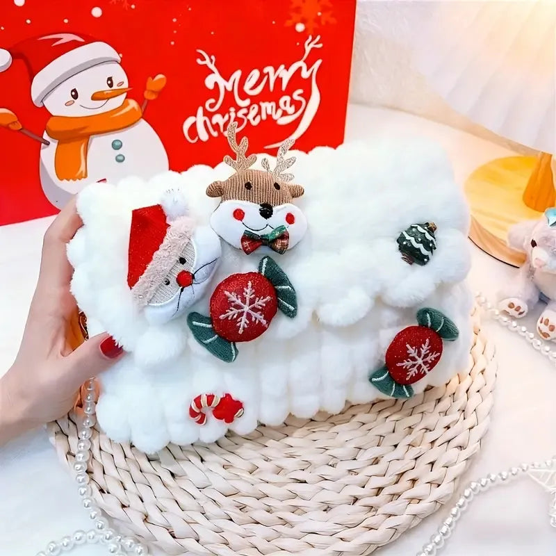Christmas Plush Cartoon Handbag Crossbody Bag, 3D Appliqués Pearl Chain, Sweet Practical Holiday Essential/ivory