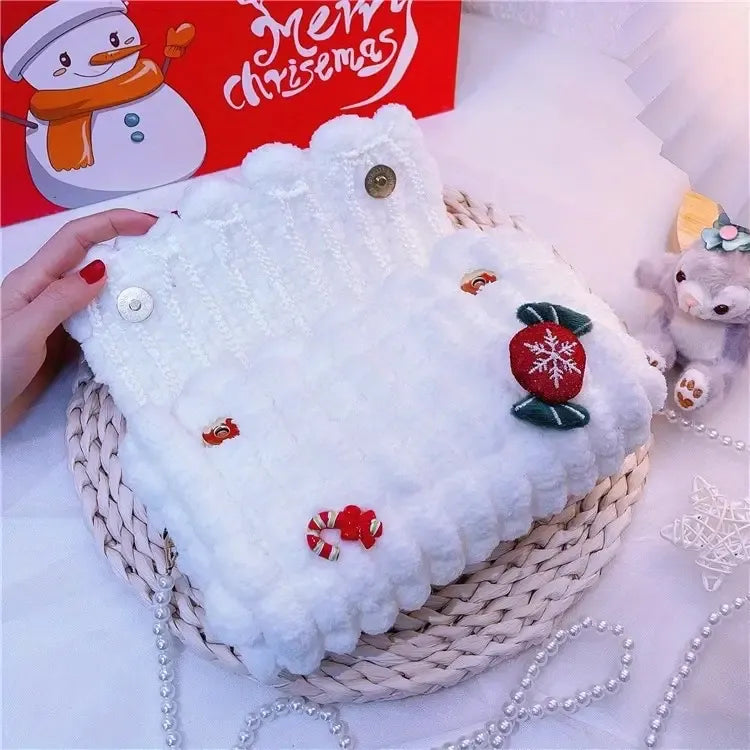 Christmas Plush Cartoon Handbag Crossbody Bag, 3D Appliqués Pearl Chain, Sweet Practical Holiday Essential/ivory