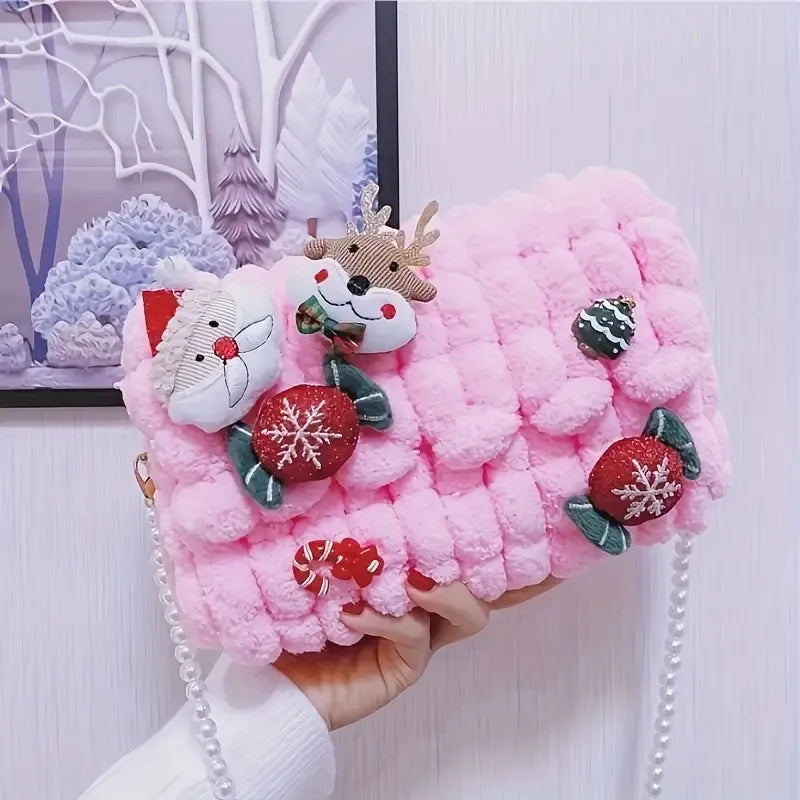 Christmas Plush Cartoon Handbag Crossbody Bag, 3D Appliqués Pearl Chain, Sweet Practical Holiday Essential/ivory