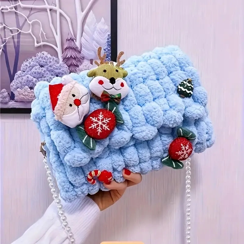 Christmas Plush Cartoon Handbag Crossbody Bag, 3D Appliqués Pearl Chain, Sweet Practical Holiday Essential/ivory