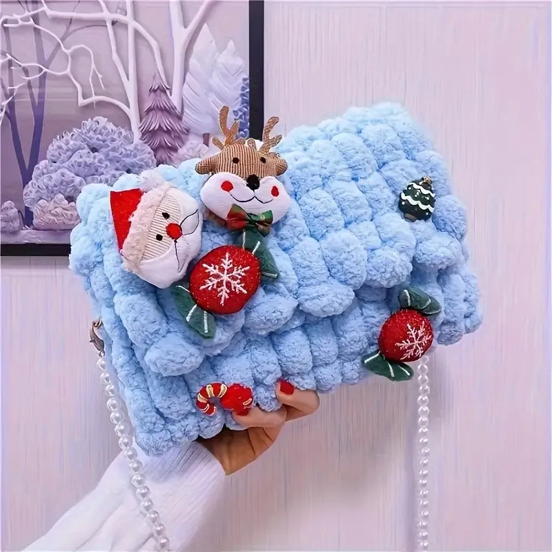 Christmas Plush Cartoon Handbag Crossbody Bag, 3D Appliqués Pearl Chain, Sweet Practical Holiday Essential./PINK