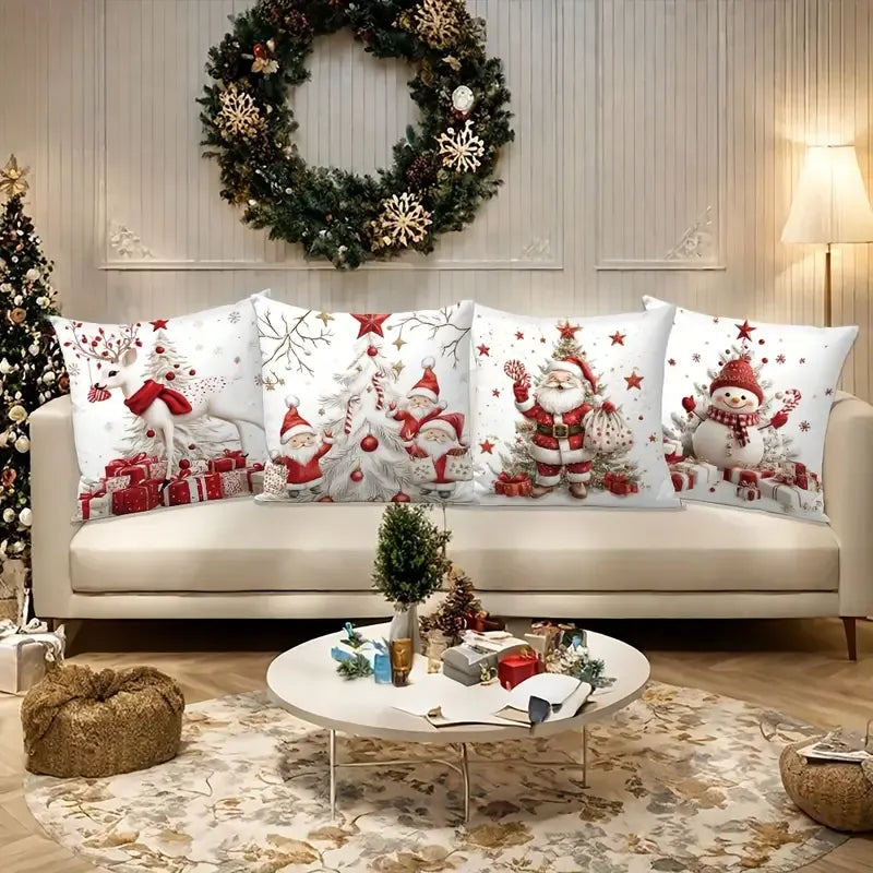 Christmas Linen Pillow Cover 4-Piece Set, Snowman Santa Tree Design, 45cm Square No Insert, Zipper Easy Wash.