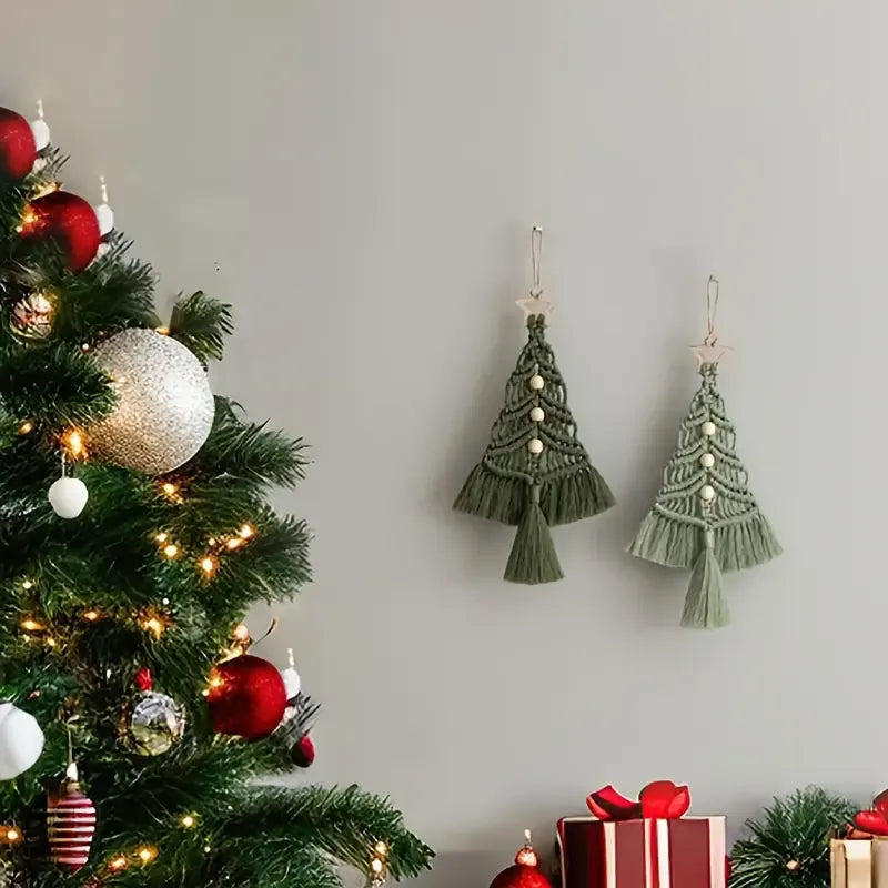 Bohemian woven Christmas tree wall hanging, handmade from pure cotton, accented with wooden beads and tassels, an artistic and healing holiday decoration. (Creamy White)