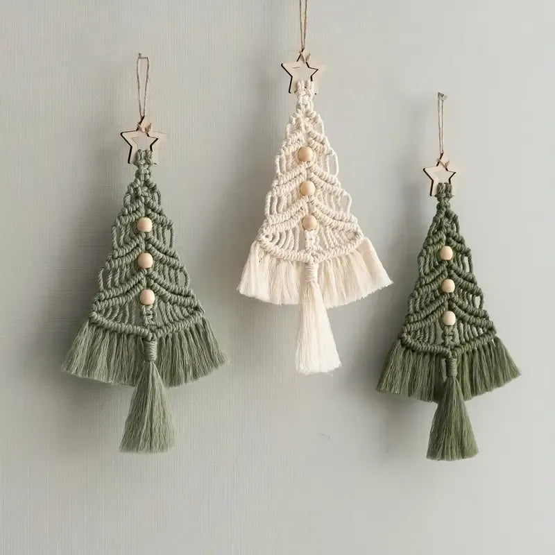 Bohemian woven Christmas tree wall hanging, handmade from pure cotton, accented with wooden beads and tassels, an artistic and healing holiday decoration. (Creamy White)