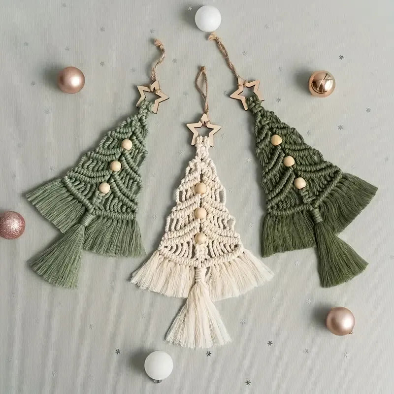 Bohemian woven Christmas tree wall hanging, handmade from pure cotton, accented with wooden beads and tassels, an artistic and healing holiday decoration. (Creamy White)