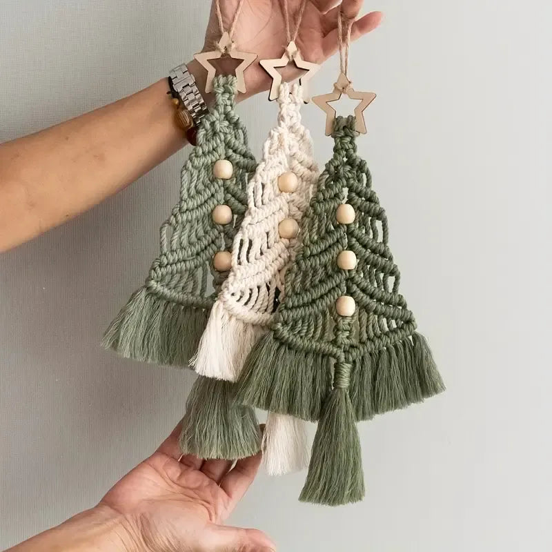 Bohemian woven Christmas tree wall hanging, handmade from pure cotton, accented with wooden beads and tassels, an artistic and healing holiday decoration. (pitch green)