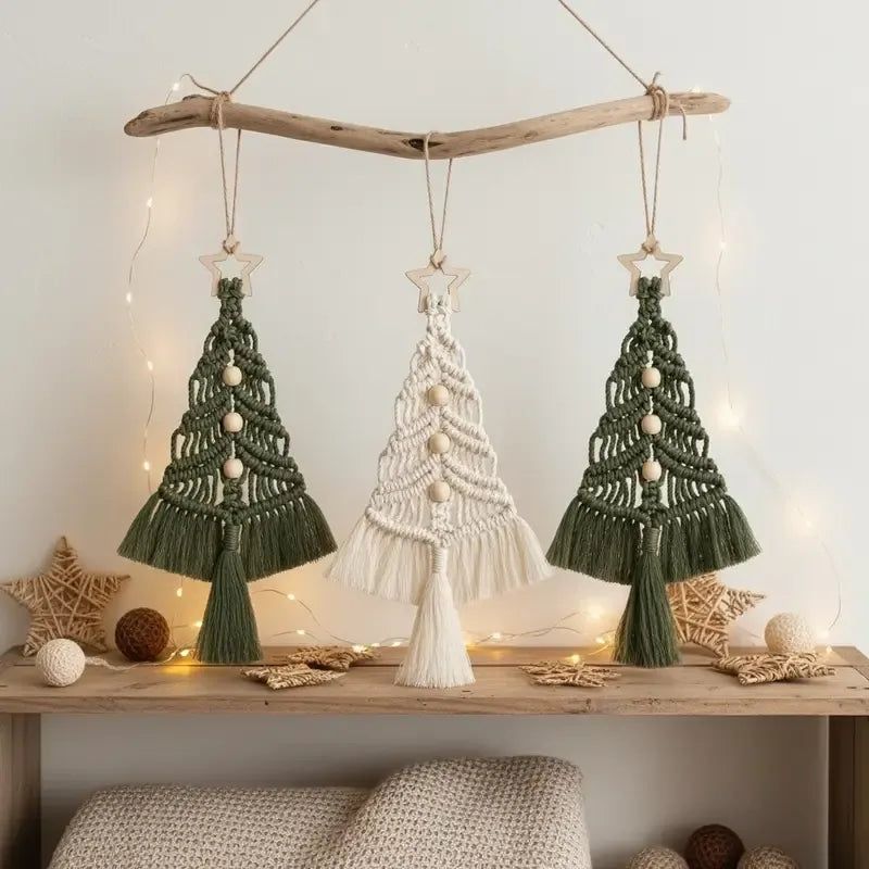 Bohemian woven Christmas tree wall hanging, handmade from pure cotton, accented with wooden beads and tassels, an artistic and healing holiday decoration. (aqua)