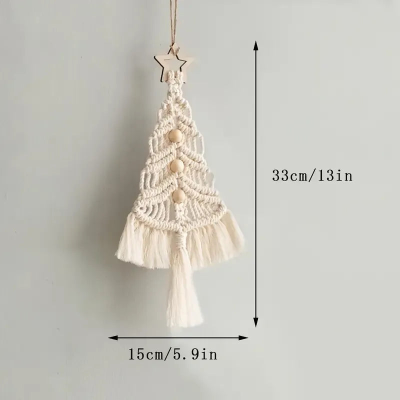 Bohemian woven Christmas tree wall hanging, handmade from pure cotton, accented with wooden beads and tassels, an artistic and healing holiday decoration. (aqua)